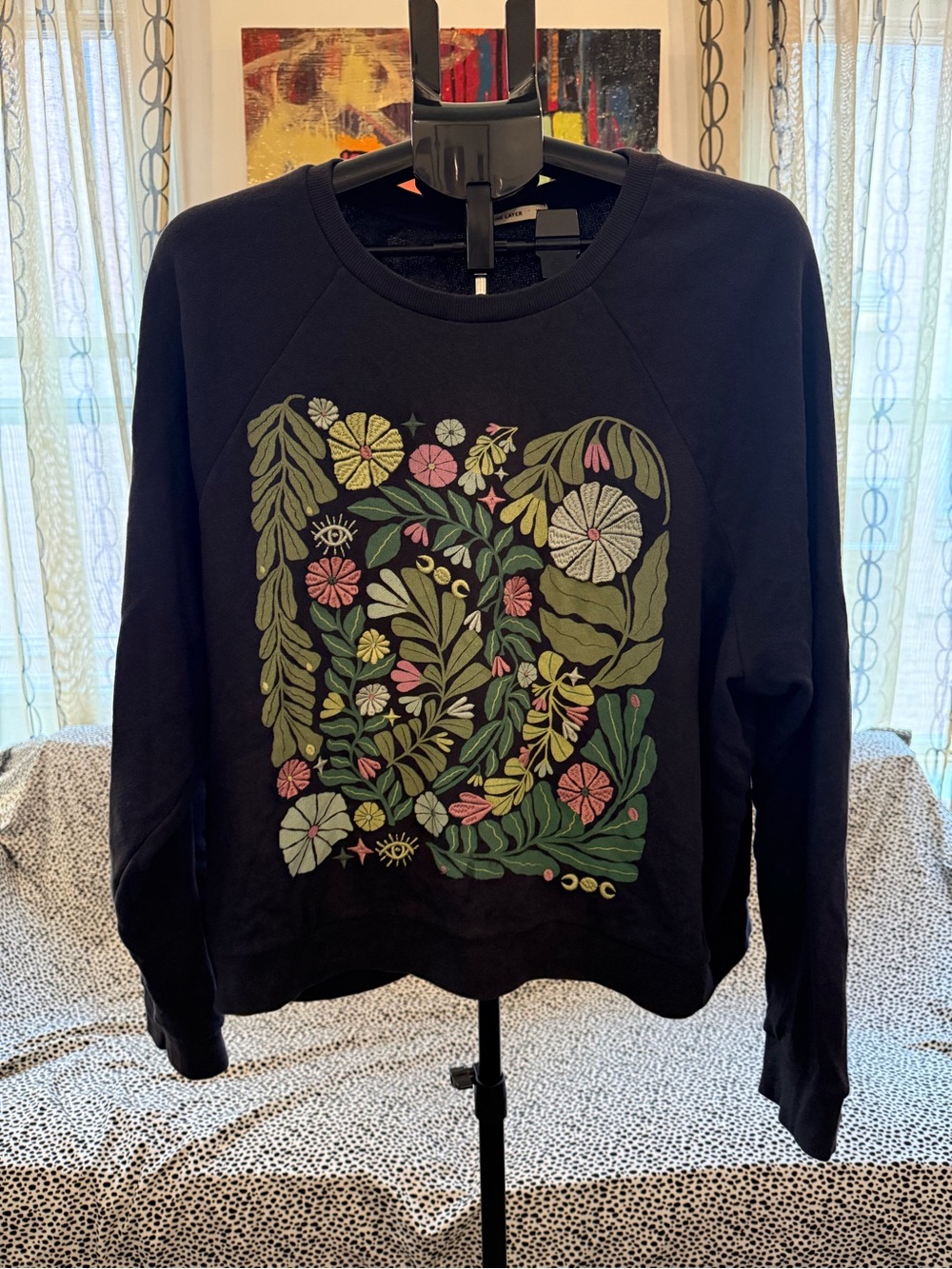 Marine Layer Gray Crewneck Sweatshirt with Multicolor Floral Embroidery
